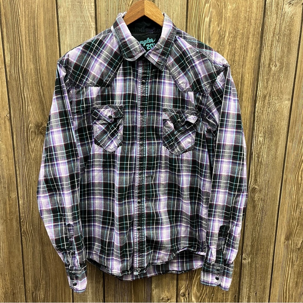 Wrangler 20X Western Plaid Pearl Snap Button Up Shirt Purple Women’s Size Large